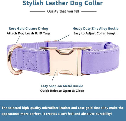 Soft Leather Dog Collar and Leash (6.6') Set - Stylish Rose Gold Heavy Duty Metal Buckle, 4 Adjustable Lengths Leash for Small Medium Large Dogs - Comfortable & Easy to Clean (L, Light Purple)