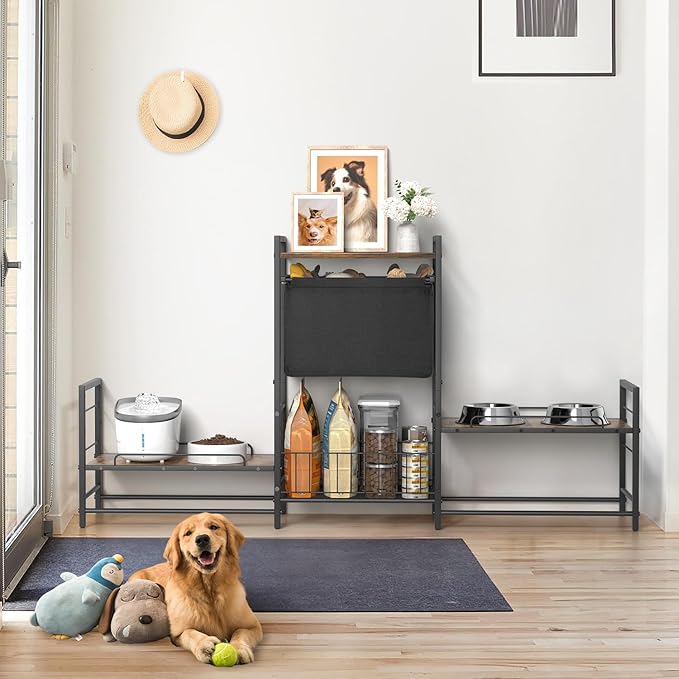 Elevated Dog Bowl Stand with 2 Feeding Stations, Adjustable Raised Feeding Station Cabinet with Toy Bin Basket, Lifted Food and Water Bowl Holder, Pet Storage Organizer for Large Medium Small Dogs