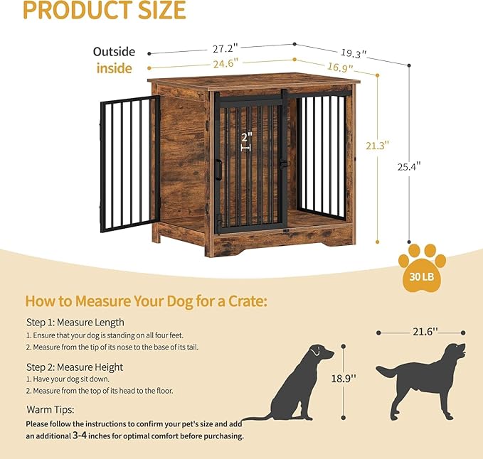 Hzuaneri 27.2" Dog Crate Furniture with Barn Door, Heavy Duty Dog Kennel Indoor with 2 Doors, Wooden Pet Cage End Table for Small Medium Dogs up to 22 lb, Anti-Chew Anti-Escape, Rustic Brown DFC84301B