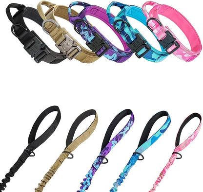 Hotsky Tactical Dog Collar and Leash Set, Heavy Duty Military Airtag Dog Collar with Handle and Metal Buckle for Training and Walking, with Airtag Holder and Two Patches (Blue Camo, M)