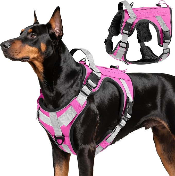 VavoPaw Heavy Duty Tactical Dog Harness for Large Dogs, No Pull Adjustable Pet Harness Reflective Service Training Easy Control Pet Vest Military K9 Working Dog Harnesses, Pink, L