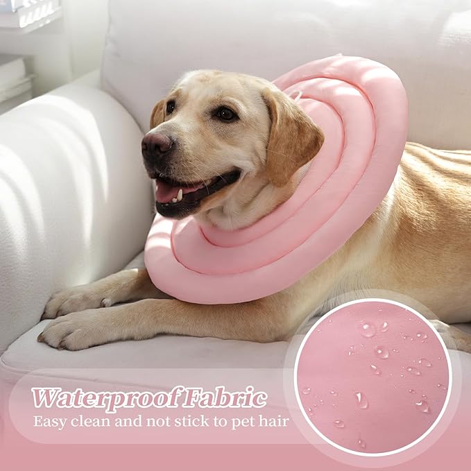 IDOMIK Dog Recovery Collar, Waterproof Soft Dog Cone After Surgery, Comfy Protective Elizabethan Collar Alternative for Dogs Cats, Adjustable Pet Neck Donut Cone Anti-Licking Biting Wounds,Pink,L
