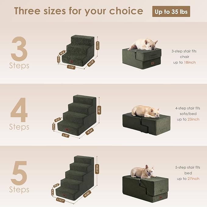 EHEYCIGA Dog Stairs for Bed 25" H, 5-Step Extra Wide Dog Steps for High Bed, Pet Steps for Small Dogs and Cats, Non-Slip Balanced Pet Ramp Indoor, Military Green