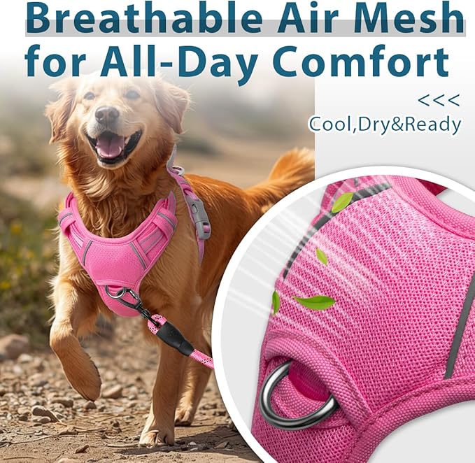 BARKBAY Dog Harness No Pull with ID Tag Pocket - Heavy Duty, Reflective, Easy Control for Large Dogs(Pink,L)