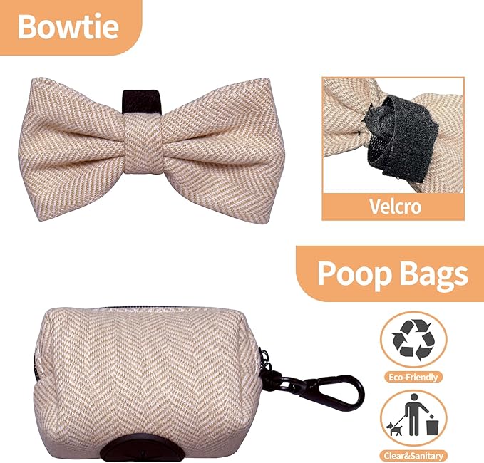 EVERKING 5-Piece Dog Travel Set, Adjustable Harness, Leash, Collar, Poop Bags, Bowtie for Small Medium Dogs, Beige, Breathable No-Pull Design (Beige, L)