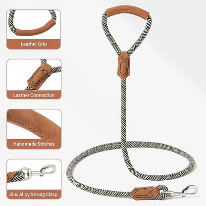Mile High Life | Premium Leather Handle Dog Leash | Strong Rope Leash | Zinc Alloy Strong Clasp | Small Medium Large Dogs | 4/5/6 Feet(White, 60 Inch (Pack of 1))