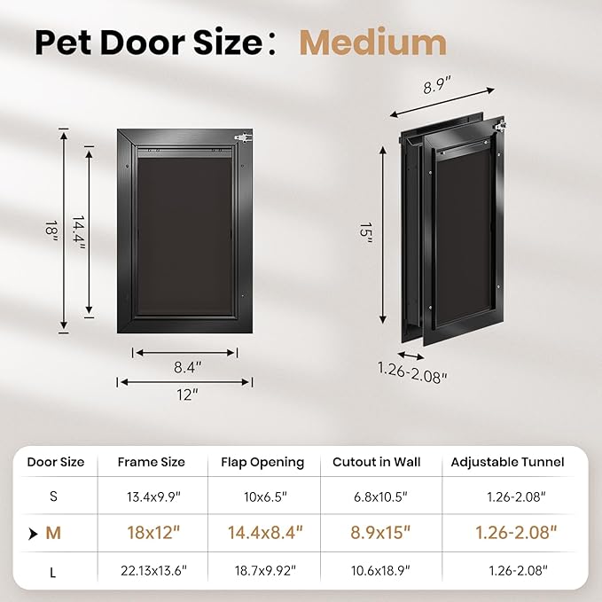 Dog Door for Door, Aluminum Alloy Pet Door, Heavy-Duty Doggy Door, Medium Dog Door, Adjustable Tunnel, with Dual Magnetic Flaps & Closing Panel & Double-Sided Locks, Pet Up to 45 LBS
