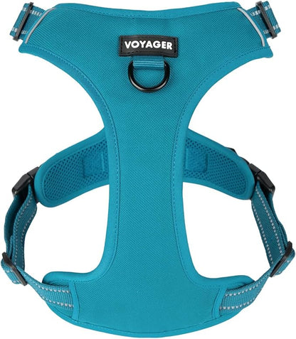 Voyager Dog Harness Dual Leash Attachment No-Pull Control Adjustable Soft but Strong Pet Harness for Medium and Large Dogs with 3M Reflective Technology, Turquoise Nylon, XL (Chest: 28-37")
