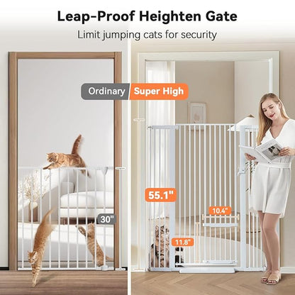 COMOMY 55.1" Extra Tall Pet Gate for Cats, 29.5-43" Extra Wide Cat Gate with Adjustable Cat Door, Pressure Mounted Easy Walk Through Pet Gate with Door for Stairs, Doorways, Kitchen(White)