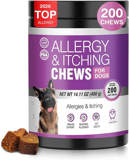 Dog Allergy Chews 200ct - Dog Allergy and Itching Skin Relief Anti Itch Aller Immune Bites for Dogs licking Paws Treatment Relief Itchy Chew Probiotics Vitamins for Skin and Coat Allergies - Lamb