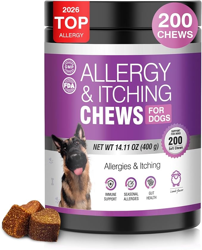 Dog Allergy Chews 200ct - Dog Allergy Itching Skin Relief & Immune Support Anti Itch Probiotics for Yeast, Itchy Skin and Itchy Ears, Vitamins for Seasonal Allergies Itchy Skin, Gut Health, Lamb