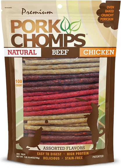 Pork Chomps Dog Chews, 5 Inch Munchy Sticks, 100 Count - Assorted Flavors: Roasted Pork, Chicken, & Bacon - Long-Lasting Treats for Dogs - High Protein, Low Fat, Healthy & Delicious Chews (1 Pack)