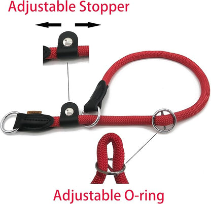 Braided Round Martingale Dog Collar, Training Collar with Slidable Stop Ring and Adjustable Stopper - Ideal for Small Dogs (S(1/4") - 14" Long, Red)