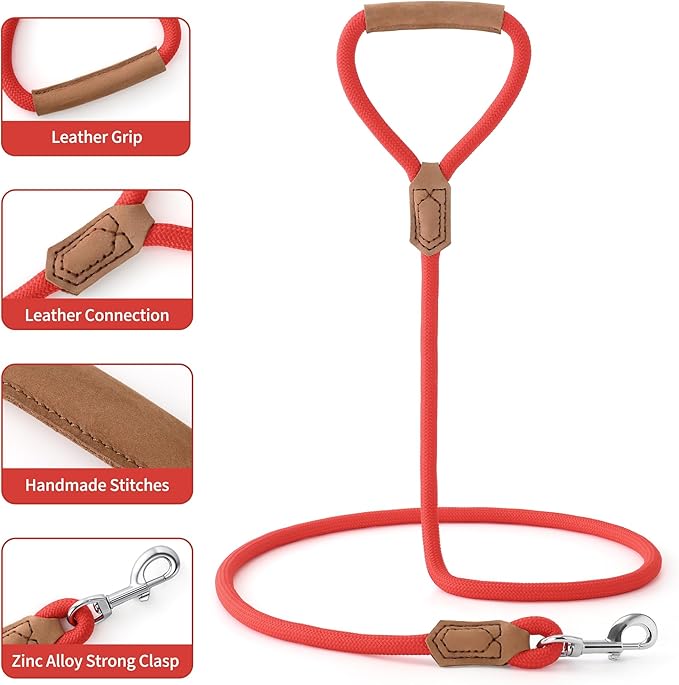 Mile High Life Leather Dog Leash, Heavy Duty Strong Genuine Leather Handle Rope Leash Soft and Comfortable for Small Medium Large Dogs (Red, 48 Inch)