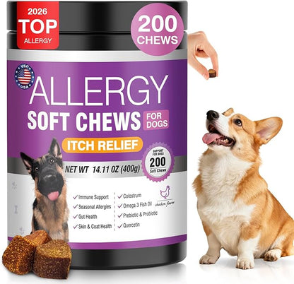 Dog Allergy Chews 200ct - Dog Allergy Itching Skin Relief & Immune Support Anti Itch Probiotics for Yeast, Itchy Skin and Itchy Ears, Vitamins for Seasonal Allergies Itchy Skin, Gut Health, Chicken