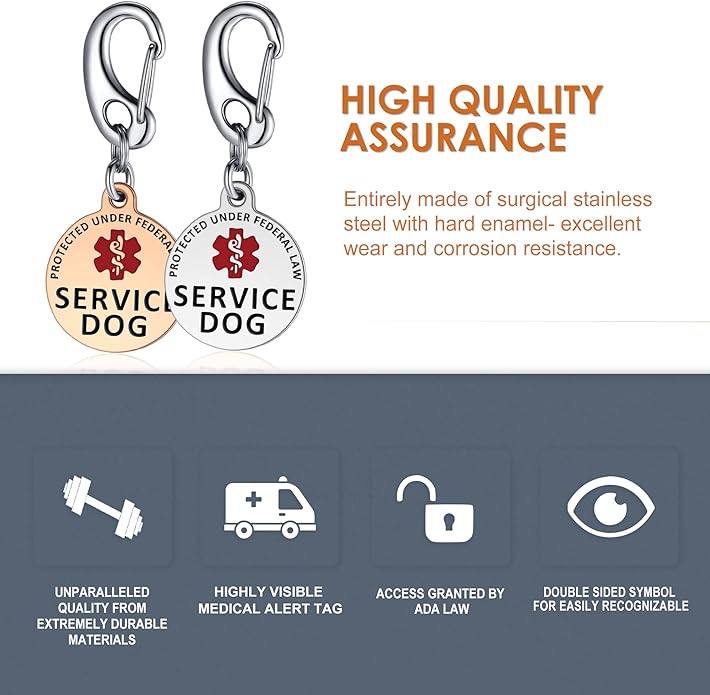 Service Dog Tag/ESA Animal Tag - Double Sided with Federal Protection & Red Medical Alert Symbol| Easily Attach to Collar, Harness, Vest | Service Dog Identification Tag