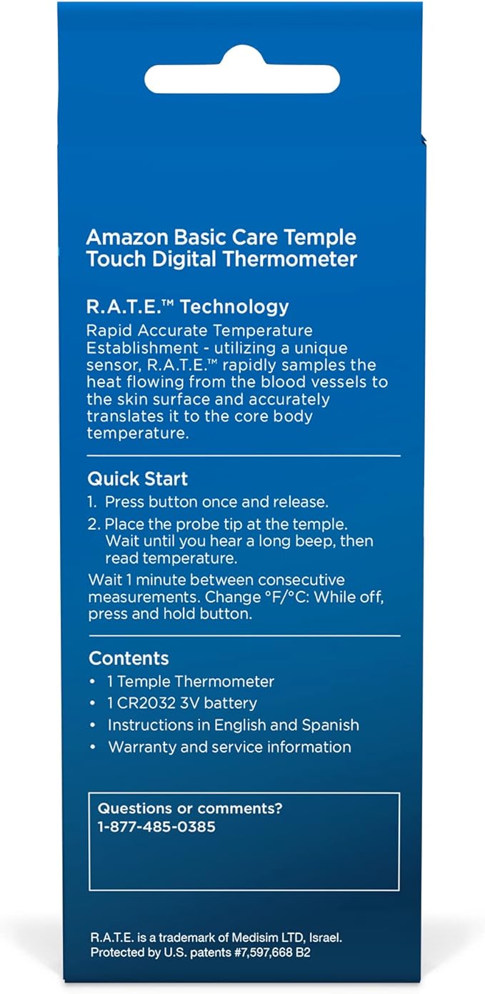 Amazon Basic Care Temple Touch Digital Thermometer, Instant Read, Easy to Use, Fast Accurate, White