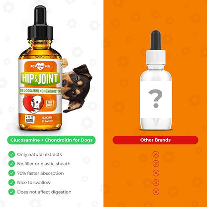 Glucosamine for Dogs + Chondroitinin in Liquid Form – Hip & Joint Supplement for Dogs to Care for Muscular System – Effective Dog Health Supplies with Natural Bacon Flavor – All Breeds Support – 2 oz