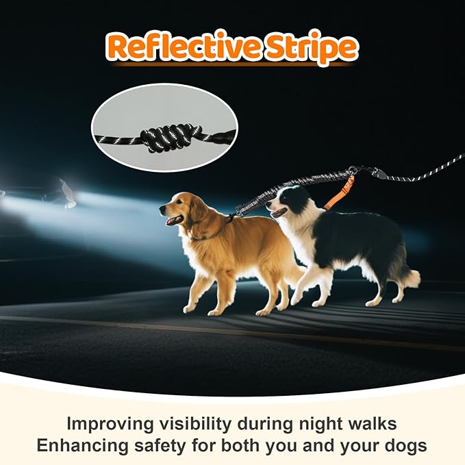 Double Dog Leash - 360°Swivel Tangle Free Splitter Attachment, 1 Rope with Handle, 2 Dogs Multi-Functional Leash, for Outdoor Walk Train Small Medium Large Two Pet, Orange