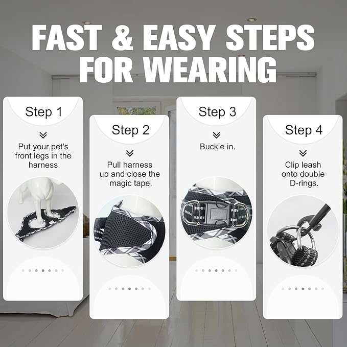 BEAUTYZOO Step in Dog Harness and Leash Set,Reflective Dog Harness No Pull No Choke Puppy Harness for Small Medium Large Dogs Cats,Soft Padded Mesh Vest Harnesses for Girl and Boy Pets,Black Plaid S