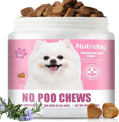No Poo Chews for Dogs - 120 Ct Chicken Flavor - Coprophagia & Stool Eating Deterrent with Probiotics, Digestive Enzymes & Breath Aid - Stop Dog Poop Eating - Gut Health (Chicken)