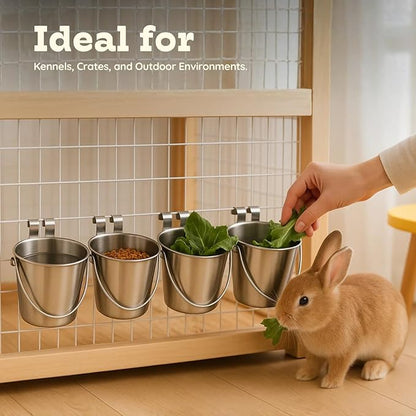 2 Quart Stainless Steel Flat Sided Bucket with Dual Hooks | 4 Pcs Durable Food & Water Bowl for Dog Cats Bird & Small Animals | Fits kennel Cage Crates Hanging Pet Pail | Multipurpose use