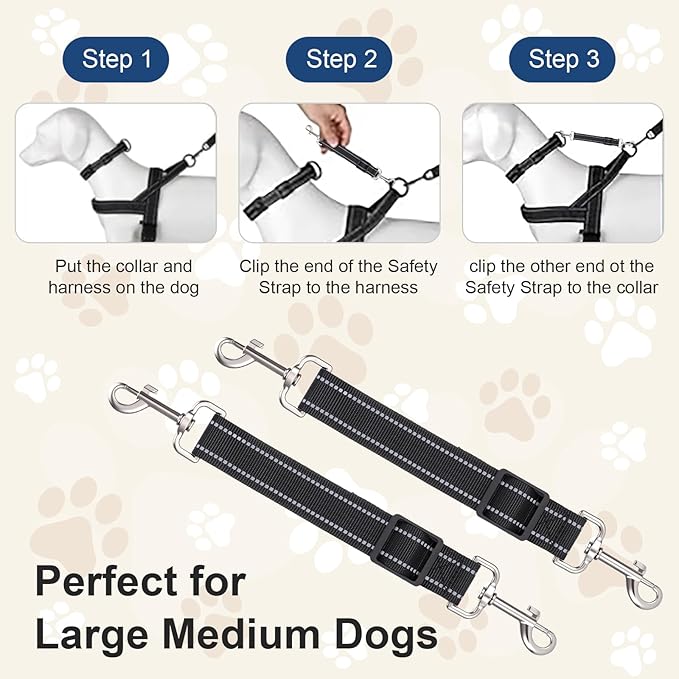ElevateTech 2Pcs Dog Collar Safety Clip Adjustable Double Ended Backup Clasp Leash Connector Gentle Leader for Dogs Suitable Dog Harness Small Dogs Collar Walking Running Training Travel (Black)