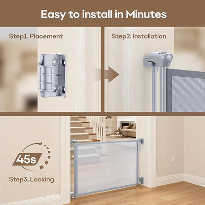 SPACEANY Retractable Baby Gate for Stairs & Doorways - 55" Wide Portable Safety Gate | Fits Baseboards, Easy to Use Indoor/Outdoor | Mesh Gate for Dogs, Puppies, Gray