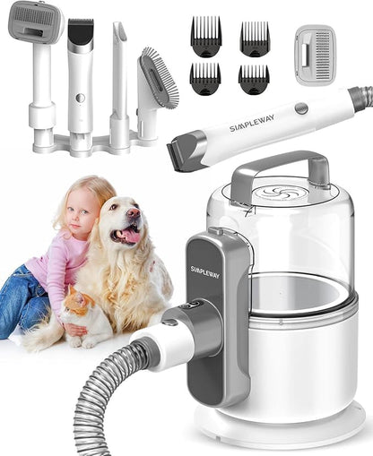 Dog Vacuum Grooming Kit for Shedding: Professional Hair Clippers Pet Groomer - Strong Suction Cleaner Deshedding Tool Fur Brush Attachment Trimmer for Home Cat (Pale White)