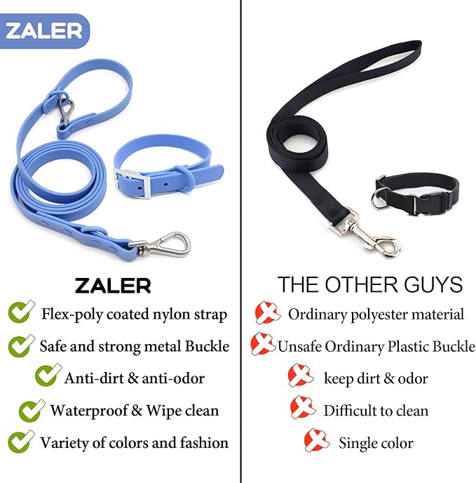 ZALER Dog Collar and Leash Set, Waterproof Adjustable Odor Proof Pet Collars Leashes Easy to Clean, 6FT Dog Leash with 2 Hooks for Large, Medium Small Dogs (XS, Blue)