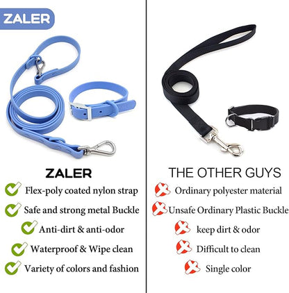 ZALER Dog Collar and Leash Set, Waterproof Adjustable Odor Proof Pet Collars Leashes Easy to Clean, 6FT Dog Leash with 2 Hooks for Large, Medium Small Dogs (S, Blue)
