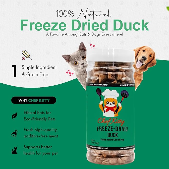 Duck Dog Treats | 100% Human Grade Freeze Dried Cat Treats, Single Ingredient | High Protein Cat & Dog Food Toppers | No Additives or Preservatives | Inspected & Tested in USA | 1.5 oz