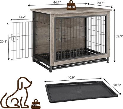 JY QAQA Dog Crate Furniture, Wooden Dogs Crate Table, Double-Doors Dog Furniture, Indoor Dog Kennel, Dog House, Dog Cage/Grey/XL