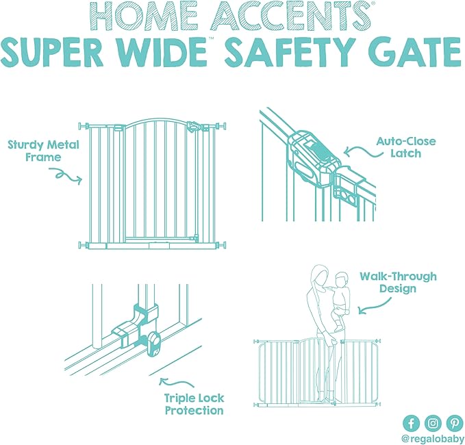 Regalo Safety 30.5-58" Extra Wide Arch Baby Gate with Door, Pressure Mount Walk Through Gate for Doorways & Bottom of Stairs, Babies, Toddlers & Pets, Tested & Safe, American Designed, American Owned