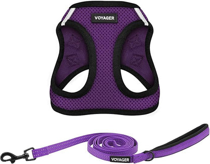Best Pet Supplies Voyager Step-in Air All Weather Mesh Harness and Reflective Dog 5ft Leash Combo with Neoprene Handle, for Small, Medium and Large Breed Puppies - Set (Purple/Black Trim), X-Small