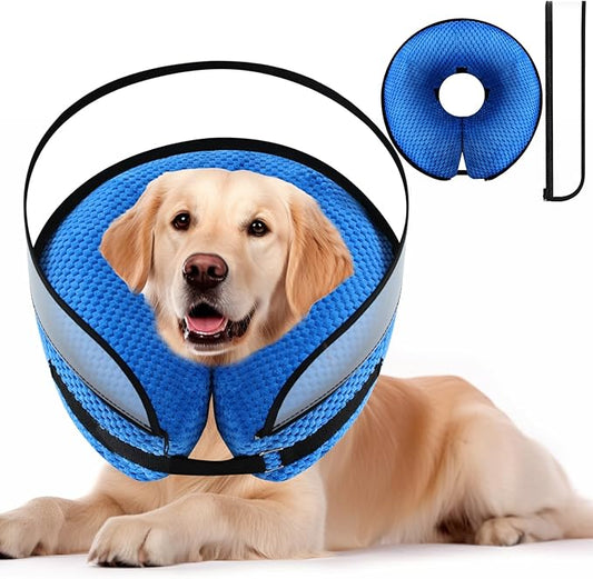 2-in-1 Soft Inflatable Dog Cone Collar Alternative with Enhanced Anti-Licking Guard Shield, Dog Collar After Surgery, Adjustable Recovery Cones for Large Medium Small Dogs and Cats (Blue,S)