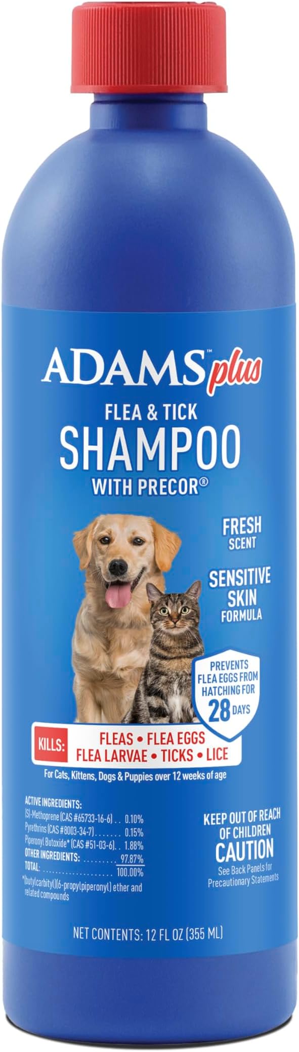 ADAMS Plus Flea & Tick Shampoo with Precor for Dogs, Cats, Puppies & Kittens, Flea Shampoo to Treat Flea Infestations, Kills Ticks, Fleas, Flea Eggs & Lice, Cleans and Conditions Coat, 12 Ounces