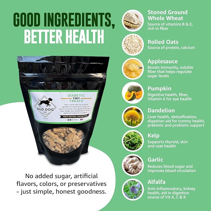 Old Dog Cookie Company Tiny Diabetic Dog Treats | All Natural, 2 Calorie, Vet Approved Pet Snacks | Top Treat for Dogs | Healthy Chews for Large, Medium & Small Breeds | 8 oz