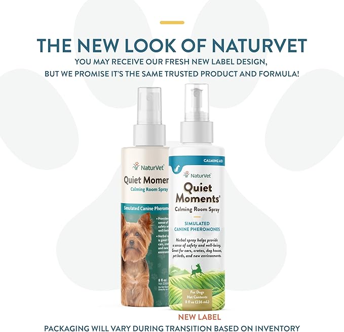 NaturVet Quiet Moments Herbal Calming Room Spray Dog Supplement - Ideal for Cars, Dog Crates, New Environments - Helps Reduce Pet Stress, Storm Anxiety, Motion Sickness - 8 Oz.