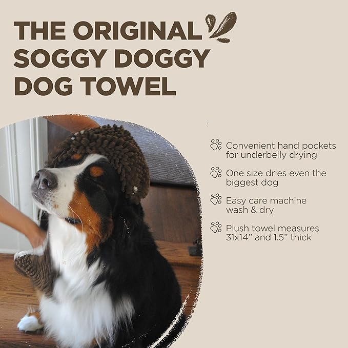 Soggy Doggy Super Shammy Dog Towel – Absorbent Microfiber Chenille Pet Towel for Drying Wet Dogs, Paws, Quick Dry Dog Shammy with Hand Pockets, Machine Washable – Chocolate/Oatmeal Trim, 31” x 14”