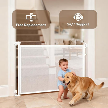 Spaceany Retractable Safety Baby Gate or Mesh Dog Gate,Durable Portable Mesh Retractable Gate,Easy to Use for Stairs, Doorways, Hallways, Indoor, Outdoor, 33.5" Tall, Extends to 55" Wide,White