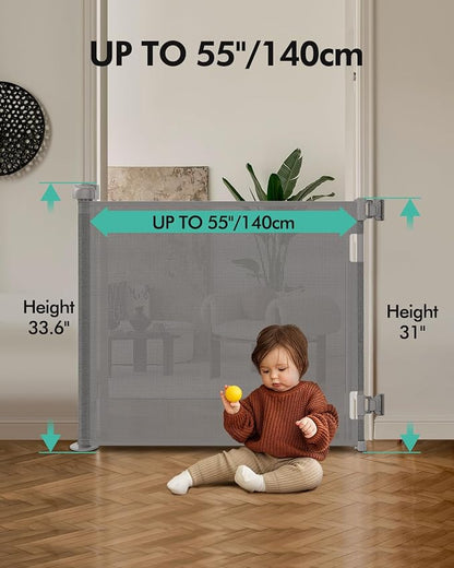 Retractable Baby Gates, Mesh Dog Gate for Doorways, 33.6" Tall, Expands to 55" Wide,Pet Safety Essential Fit for Baseboards, Wide Toddlers Gates for Hallways, Indoor & Outdoor,Grey