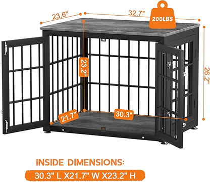 rehomerance 32 Inch Heavy Duty Dog Crate Furniture for Medium and Small Dogs, Decorative Pet House End Table, Wooden Cage Kennel Furniture Indoor, Gray
