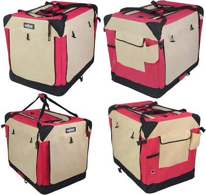 EliteField 4-Door Folding Soft Dog Crate with Curtains, Carrying Bag and Fleece Bed (2 Year Warranty), Indoor & Outdoor Pet Home (36" L x 24" W x 28" H, Red+Beige)