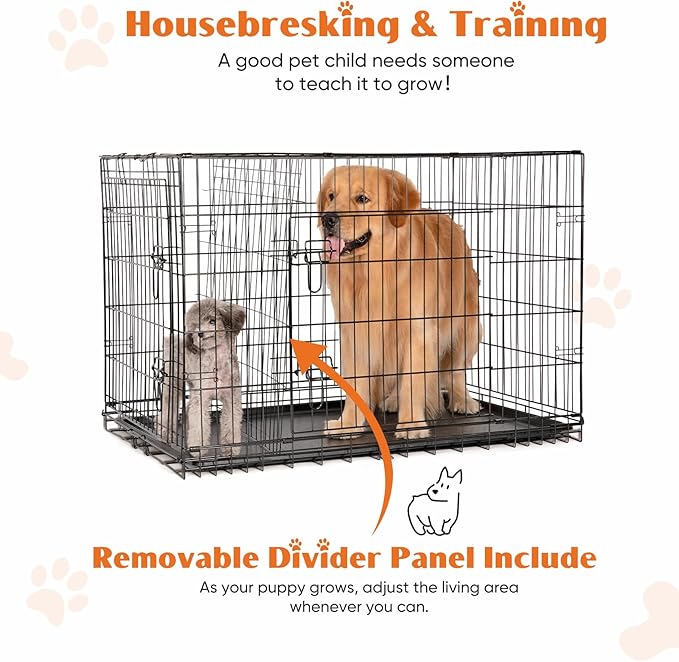 Sweetcrispy Large Dog Crate, 36 Inch Double Door Folding Metal Wire Dog Cage with Plastic Leak-Proof Pan Tray, Pet Kennel for Indoor, Outdoor, Travel