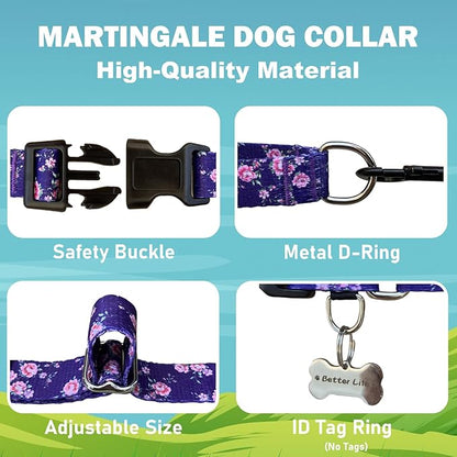Martingale Collar for Dogs with Buckle Floral Dog Collar Girl Female Soft Nylon Dog Collars for Small Medium Large Dogs (Purple Flower, XS)