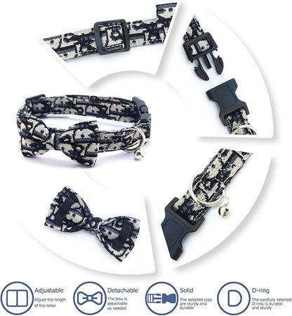 Bowtie Collars for Small Dogs, Elegant Puppy Collars, Tiny Dog Collars with Bowtie Adjustable 9.8"-13.8", Black, S