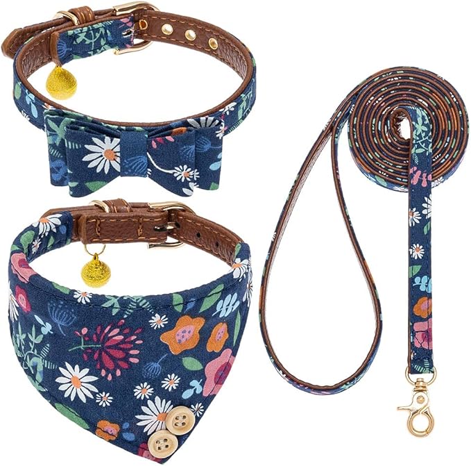 EXPAWLORER Dog Collar and Leash Set - Classic Plaid Dog Bow Tie and Dog Bandana Collar with Bell, Dog Leash Tangle Free, Adjustable Collars for Small Medium Dogs, Holiday Ideal Gift, Flower SM
