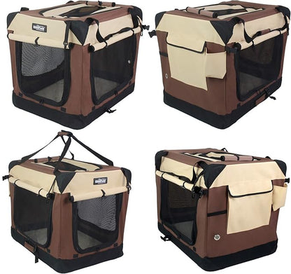 EliteField 4-Door Folding Soft Dog Crate with Curtains, Carrying Bag and Fleece Bed (2 Year Warranty), Indoor & Outdoor Pet Home (42" L x 28" W x 32" H, Brown+Beige)