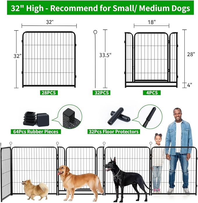 Kfvigoho Dog Playpen Outdoor Extra Wide 8 Piece Panels Heavy Duty Dog Fence 32" Height Anti-Rust with Doors Portable for RV Camping Yard, Total 21FT, 35 Sq.ft, Snowy Black